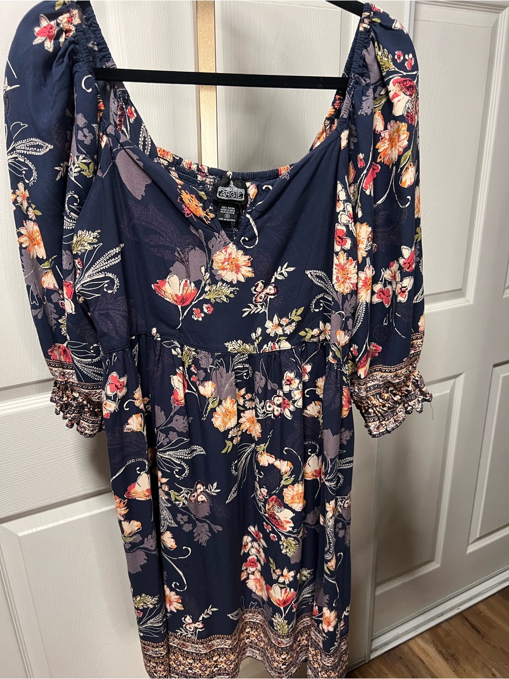 Angie Navy Floral Midi Dress with Puff Sleeves and Smocked Cuffs